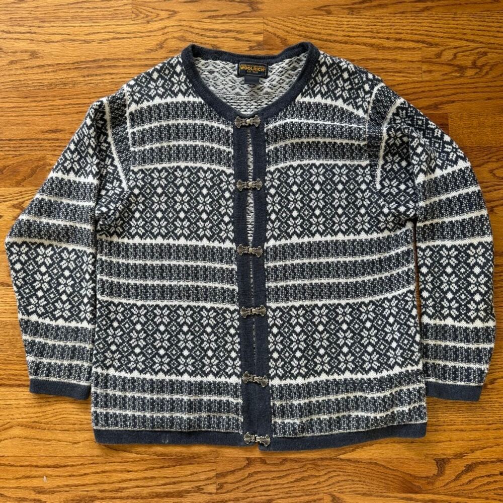 Woolrich Nordic Fair Isle Pewter Clasp Cardigan Sweater Sz L